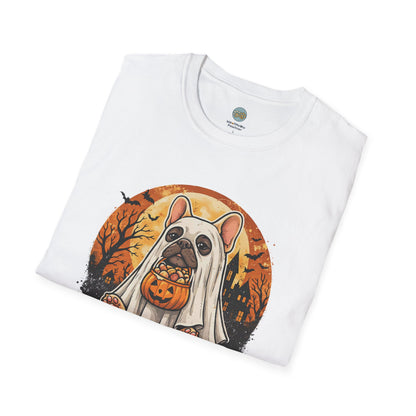 French Bulldog - Too Cute To Spook Halloween T-Shirt | Frenchie in Ghost Costume | Gildan Softstyle 64000 Premium Tee