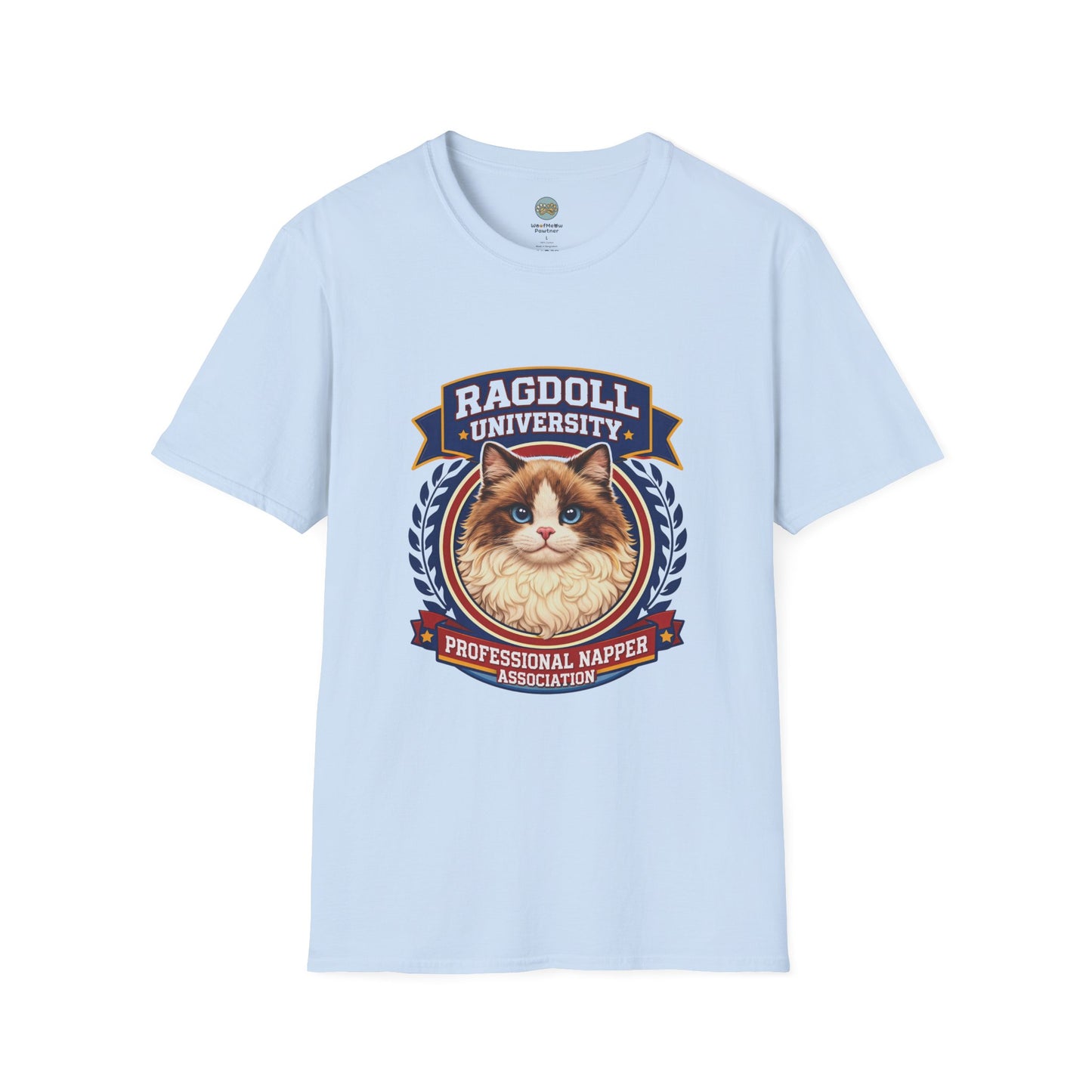 Ragdoll University T-Shirt | Vintage College Crest Style | Gildan Softstyle 64000 Premium Tee for Cat Moms and Dads