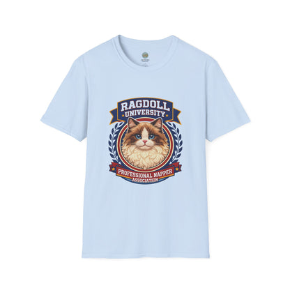 Ragdoll University T-Shirt | Vintage College Crest Style | Gildan Softstyle 64000 Premium Tee for Cat Moms and Dads