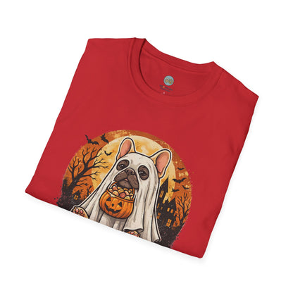 French Bulldog - Too Cute To Spook Halloween T-Shirt | Frenchie in Ghost Costume | Gildan Softstyle 64000 Premium Tee