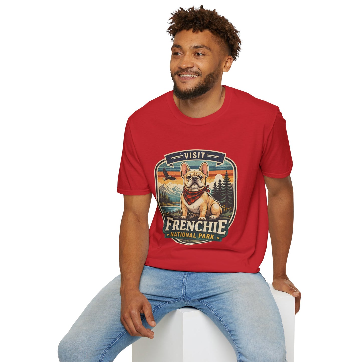 French Bulldog National Park T-Shirt | Vintage Badge Design with Mountains and Sunset for Dog Lovers | Gildan Softstyle 64000 Premium Tee