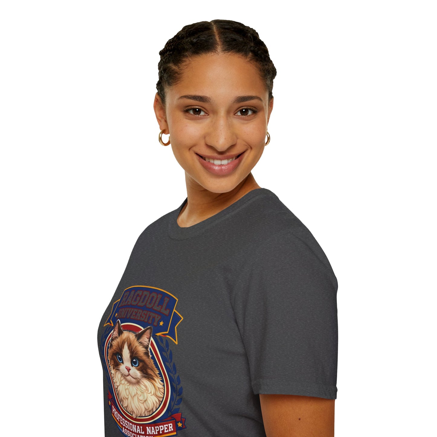 Ragdoll University T-Shirt | Vintage College Crest Style | Gildan Softstyle 64000 Premium Tee for Cat Moms and Dads