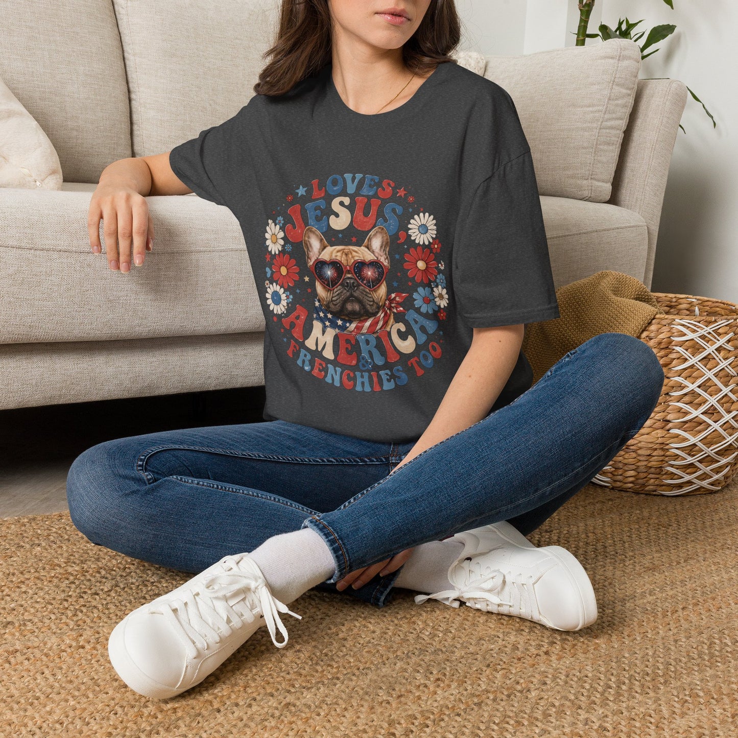 Loves Jesus America and Frenchie Too T-Shirt | French Bulldog Dog Mom Design | Gildan Softstyle 64000