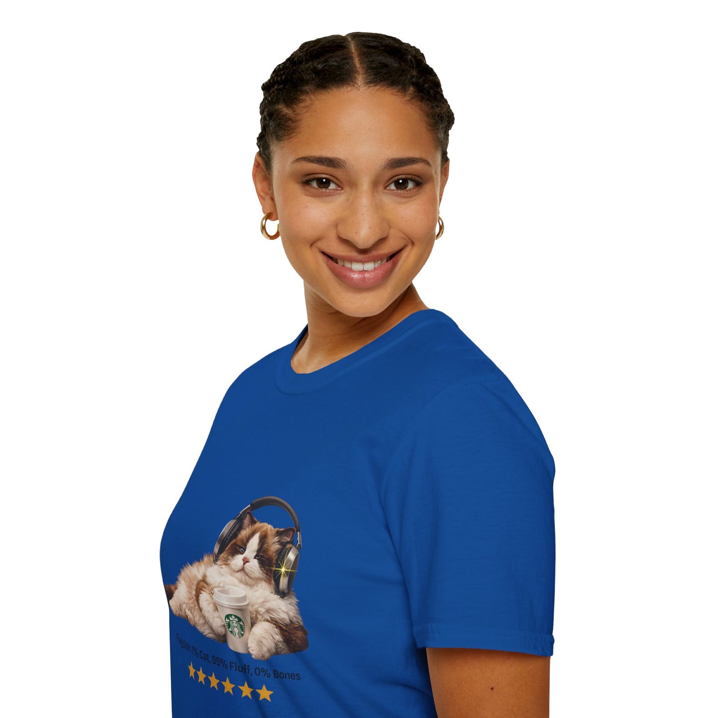 Cat Coffee Review T-Shirt — Relaxed Cat with Headphones & 5-Star Latte Tee | Gildan Softstyle 64000 Premium Tee