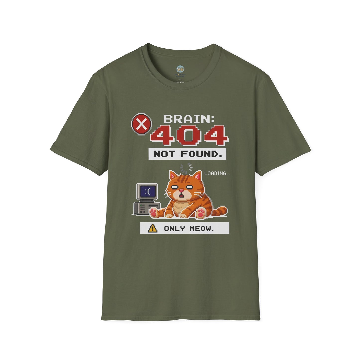 Brain 404 Not Found Only Meow T-Shirt | Orange Cat Pixel Art | Gildan Softstyle 64000