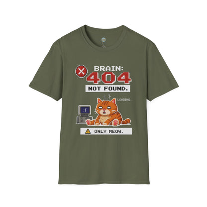 Brain 404 Not Found Only Meow T-Shirt | Orange Cat Pixel Art | Gildan Softstyle 64000