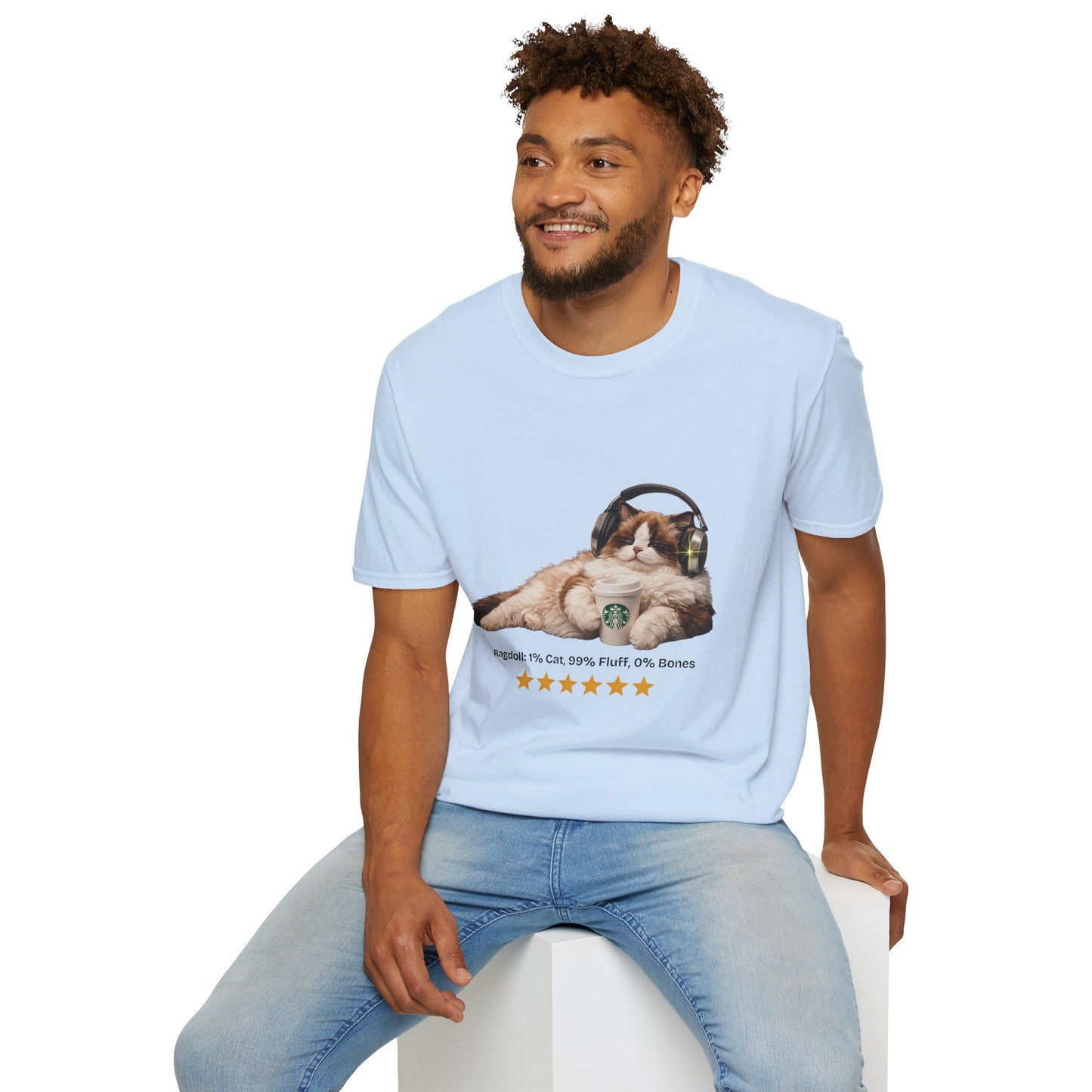 Cat Coffee Review T-Shirt — Relaxed Cat with Headphones & 5-Star Latte Tee | Gildan Softstyle 64000 Premium Tee
