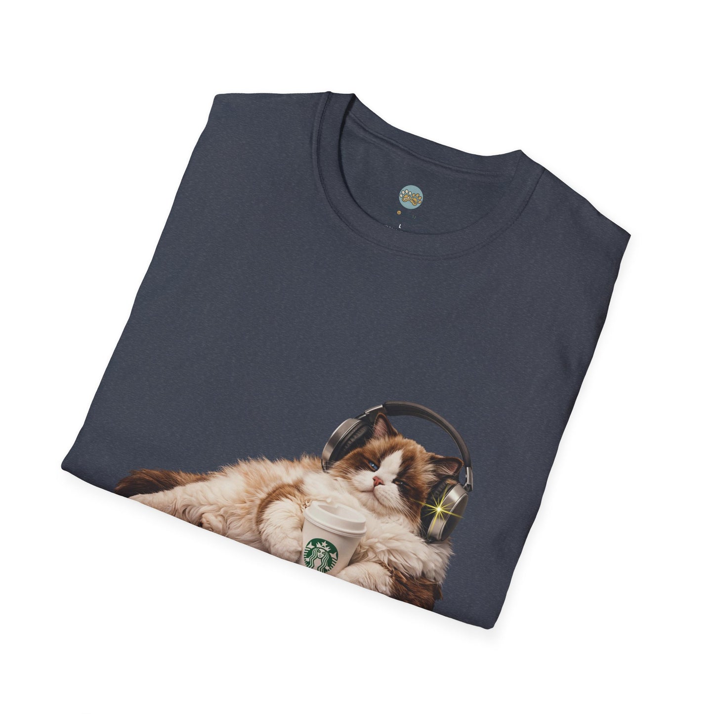 Cat Coffee Review T-Shirt — Relaxed Cat with Headphones & 5-Star Latte Tee | Gildan Softstyle 64000 Premium Tee