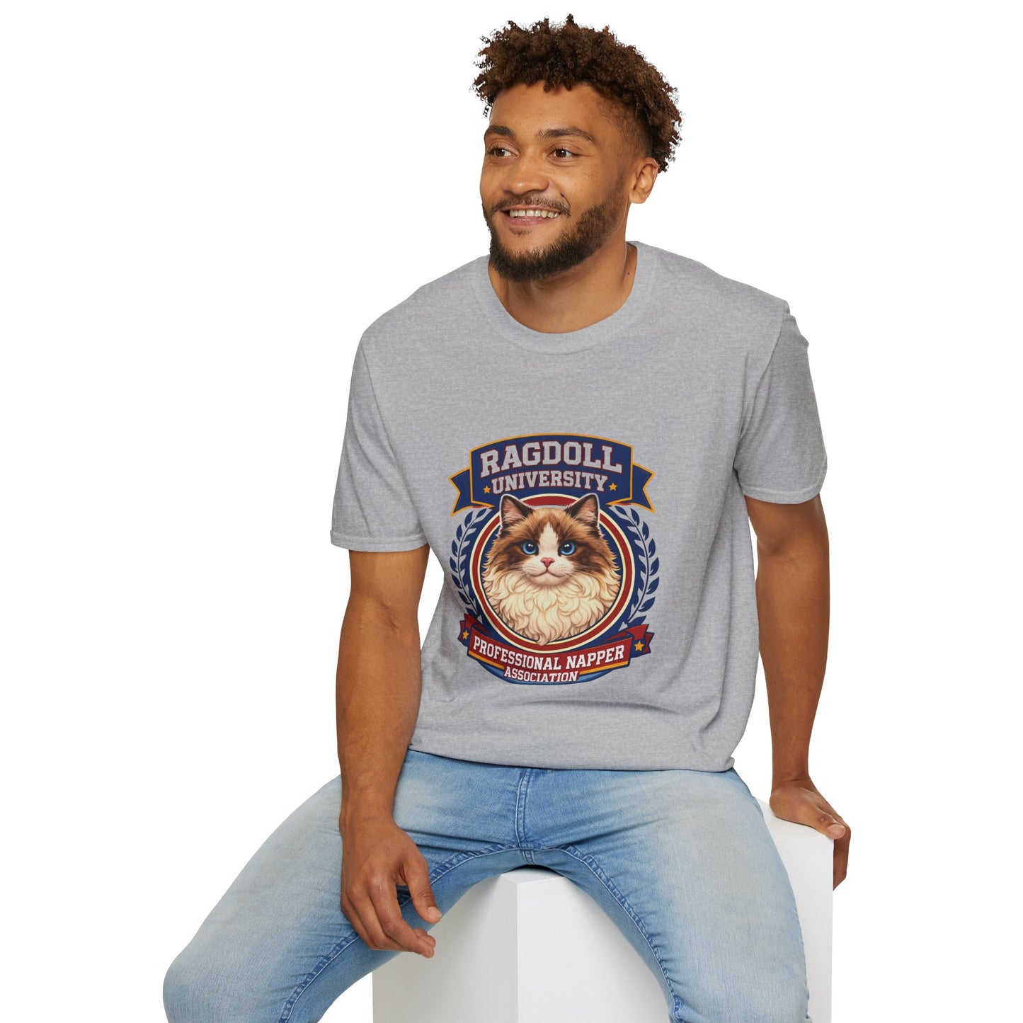 Ragdoll University T-Shirt | Vintage College Crest Style | Gildan Softstyle 64000 Premium Tee for Cat Moms and Dads