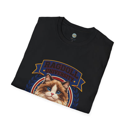 Ragdoll University T-Shirt | Vintage College Crest Style | Gildan Softstyle 64000 Premium Tee for Cat Moms and Dads