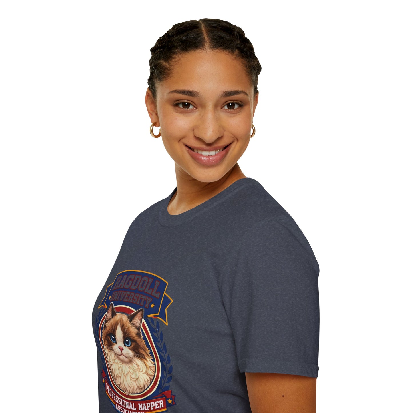 Ragdoll University T-Shirt | Vintage College Crest Style | Gildan Softstyle 64000 Premium Tee for Cat Moms and Dads
