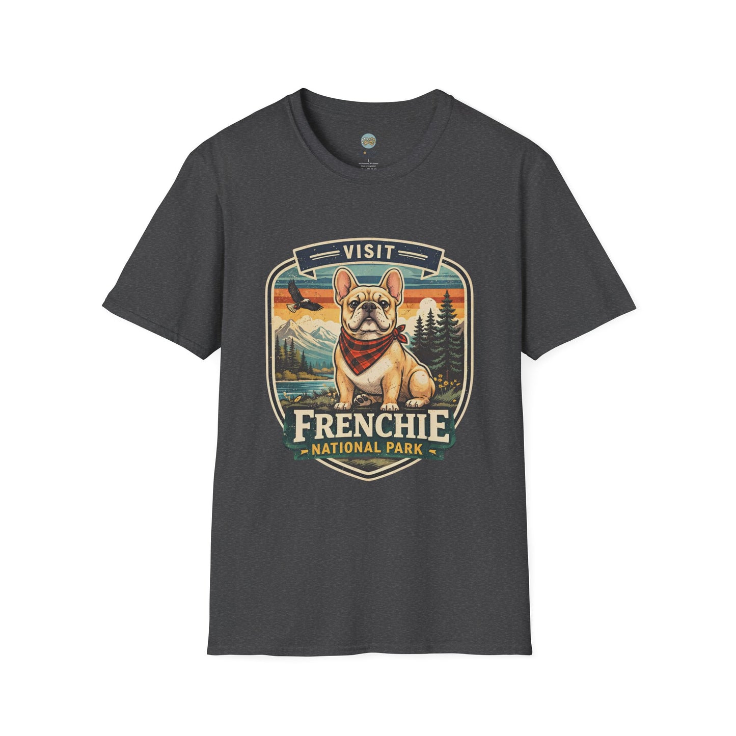 French Bulldog National Park T-Shirt | Vintage Badge Design with Mountains and Sunset for Dog Lovers | Gildan Softstyle 64000 Premium Tee