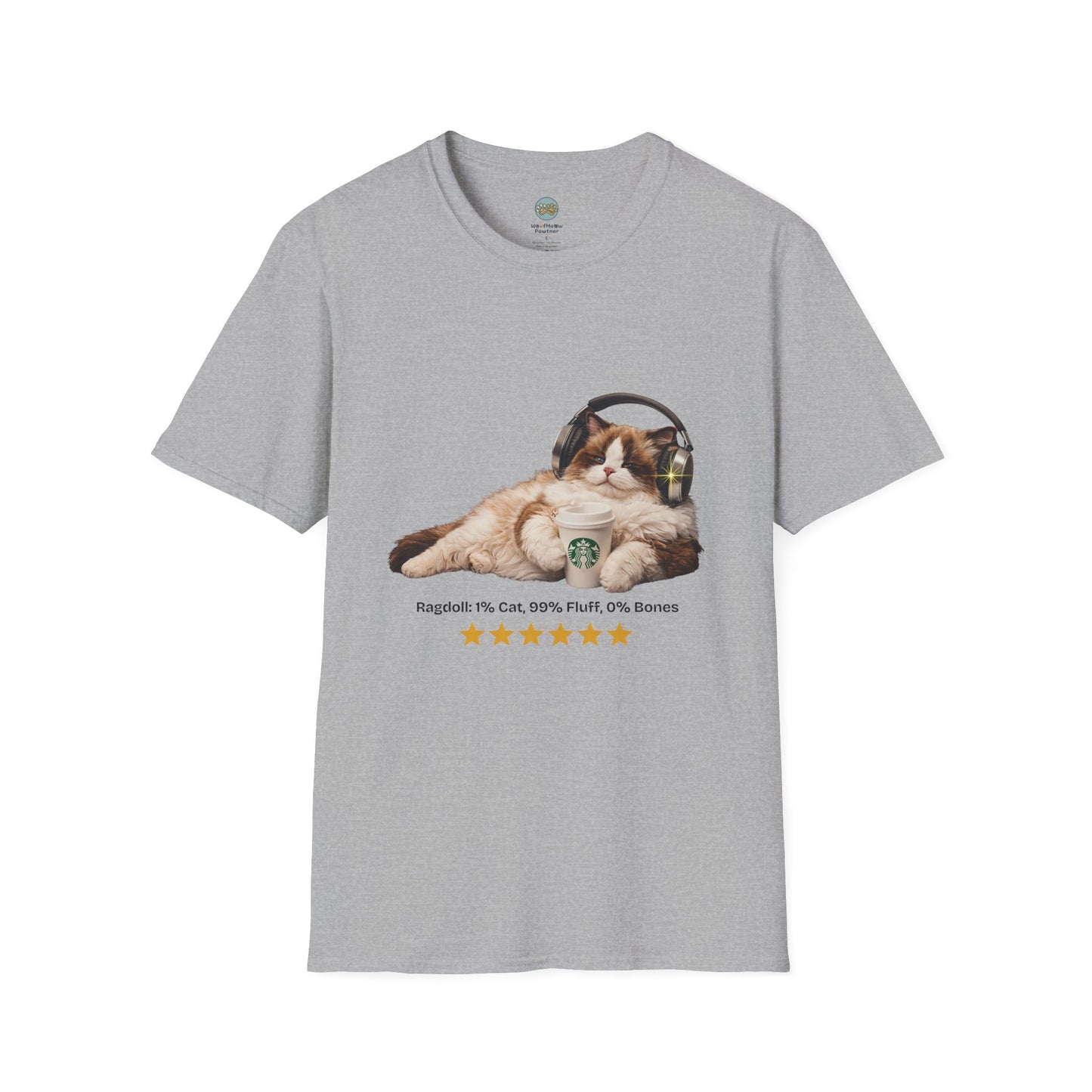 Cat Coffee Review T-Shirt — Relaxed Cat with Headphones & 5-Star Latte Tee | Gildan Softstyle 64000 Premium Tee