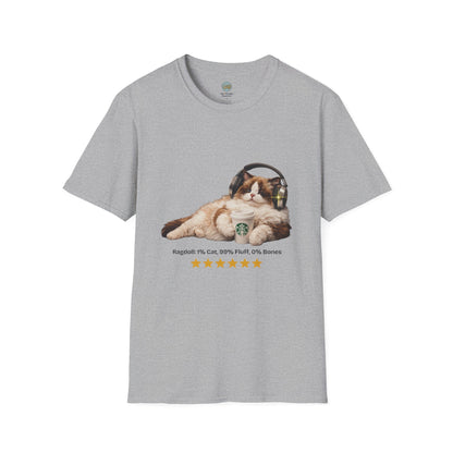 Cat Coffee Review T-Shirt — Relaxed Cat with Headphones & 5-Star Latte Tee | Gildan Softstyle 64000 Premium Tee