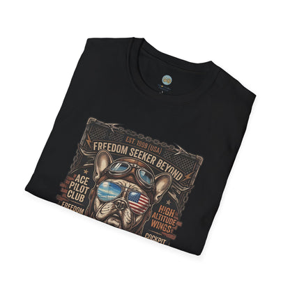 Vintage Aviator Frenchie T-Shirt | Freedom French Bulldog Pilot with Goggles | Gildan Softstyle 64000 Premium Tee