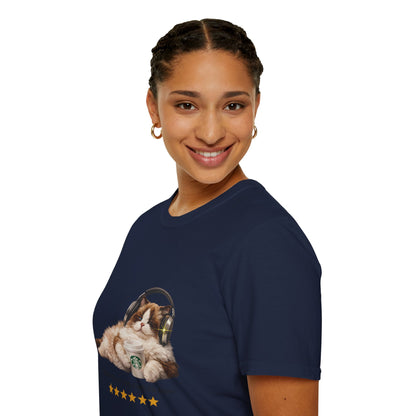 Cat Coffee Review T-Shirt — Relaxed Cat with Headphones & 5-Star Latte Tee | Gildan Softstyle 64000 Premium Tee