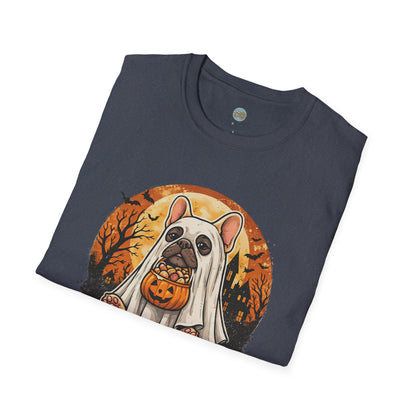 French Bulldog - Too Cute To Spook Halloween T-Shirt | Frenchie in Ghost Costume | Gildan Softstyle 64000 Premium Tee