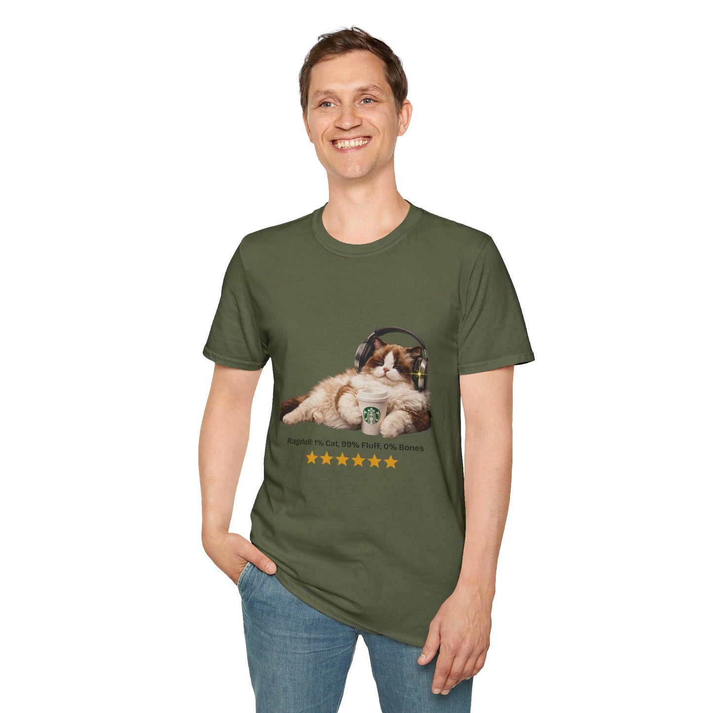 Cat Coffee Review T-Shirt — Relaxed Cat with Headphones & 5-Star Latte Tee | Gildan Softstyle 64000 Premium Tee