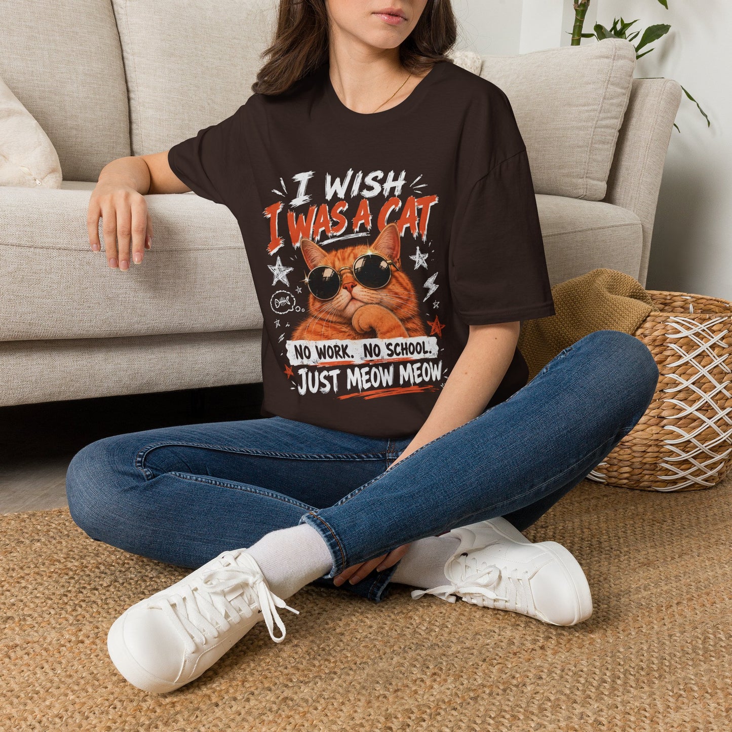 I Wish I Was A Cat T-Shirt | No Work No School Just Meow Meow | Gildan Softstyle 64000