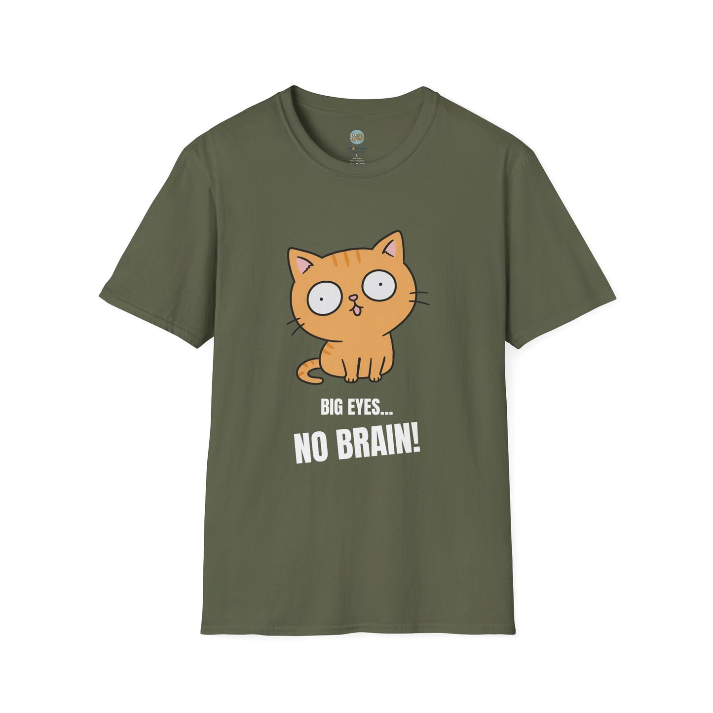 Big Eyes No Brain Orange Cat T-Shirt | Funny Ginger Cat Meme Slogan Tee | Gildan Softstyle 64000