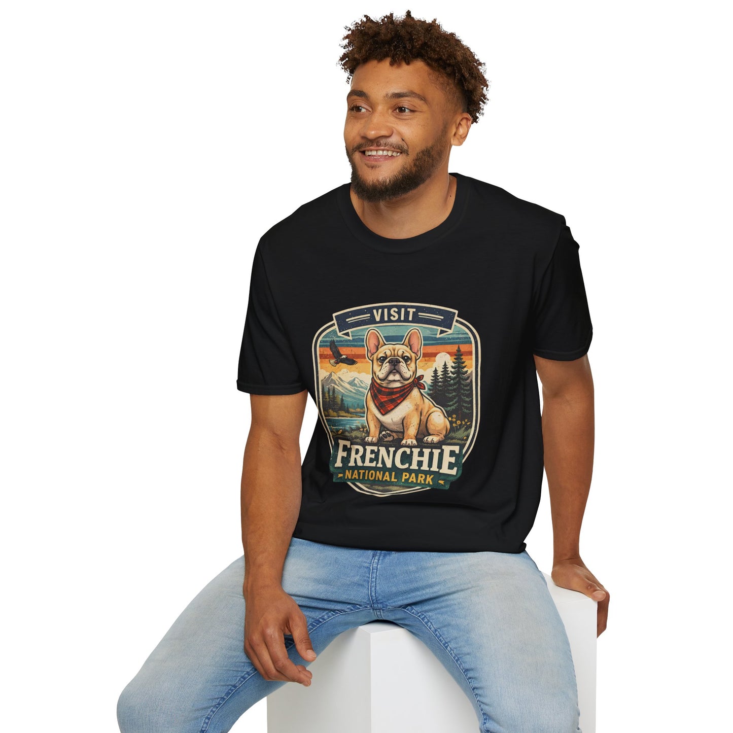 French Bulldog National Park T-Shirt | Vintage Badge Design with Mountains and Sunset for Dog Lovers | Gildan Softstyle 64000 Premium Tee