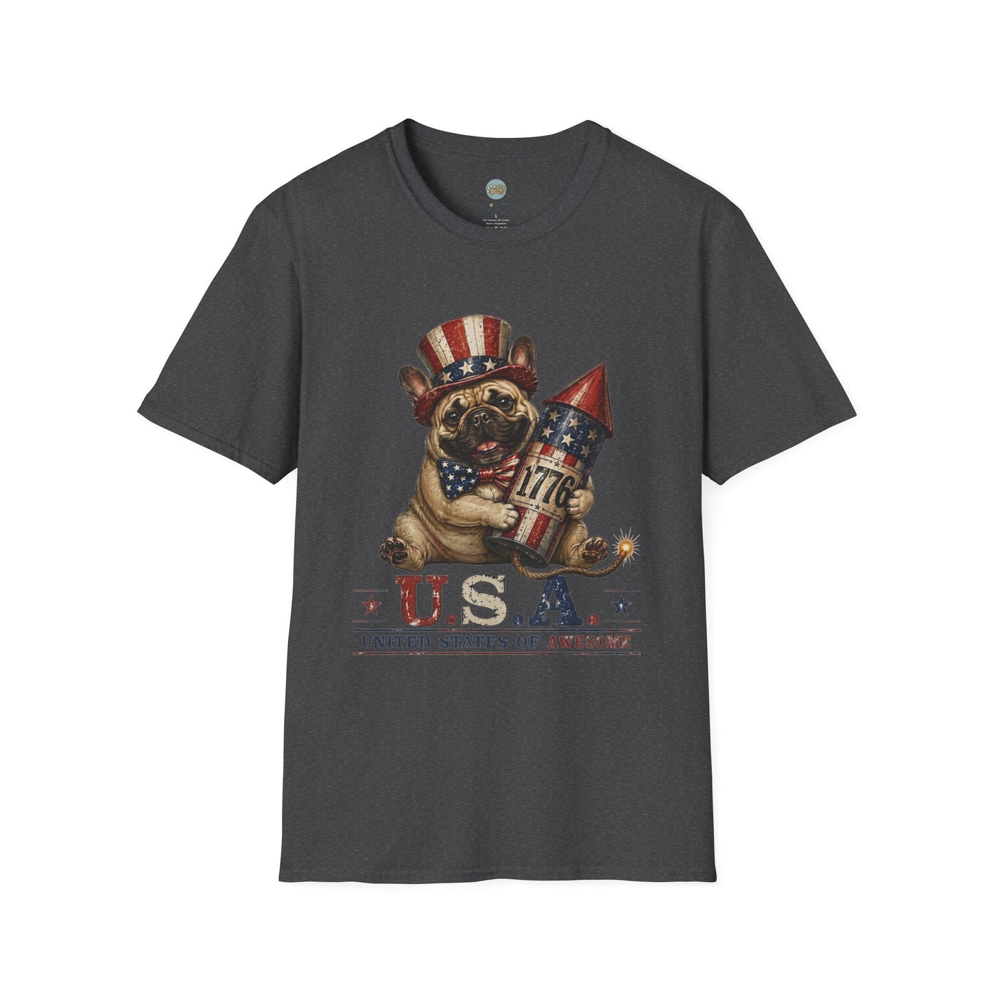 USA United States of Awesome 4th of July T-Shirt | Frenchie with 1776 Firework | Gildan Softstyle 64000