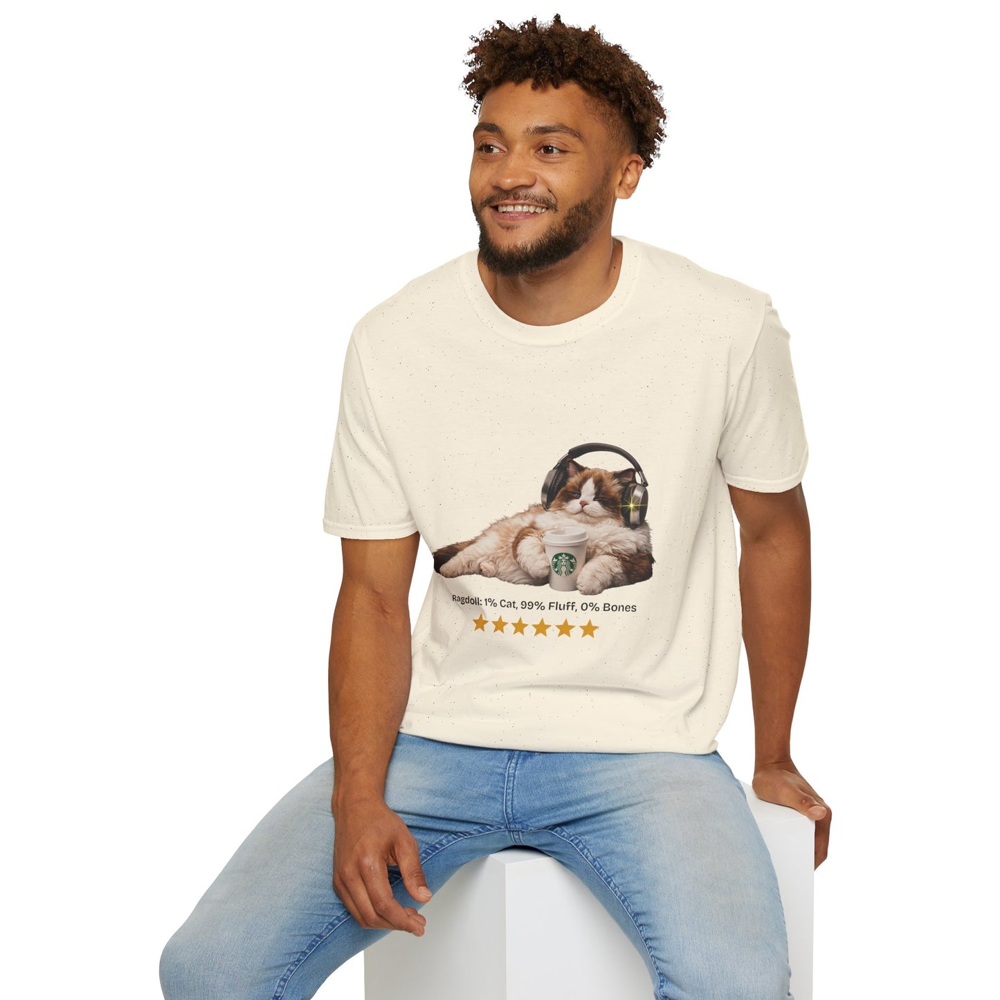 Cat Coffee Review T-Shirt — Relaxed Cat with Headphones & 5-Star Latte Tee | Gildan Softstyle 64000 Premium Tee