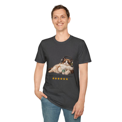 Cat Coffee Review T-Shirt — Relaxed Cat with Headphones & 5-Star Latte Tee | Gildan Softstyle 64000 Premium Tee