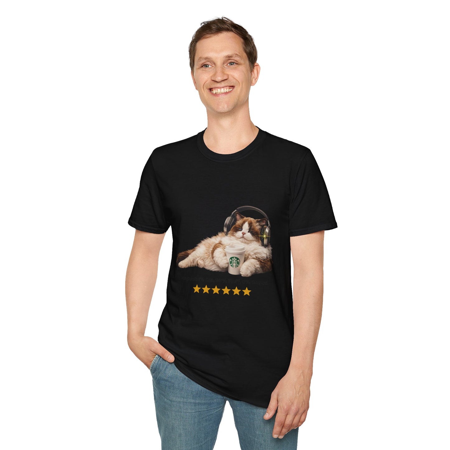 Cat Coffee Review T-Shirt — Relaxed Cat with Headphones & 5-Star Latte Tee | Gildan Softstyle 64000 Premium Tee