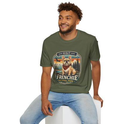 French Bulldog National Park T-Shirt | Vintage Badge Design with Mountains and Sunset for Dog Lovers | Gildan Softstyle 64000 Premium Tee