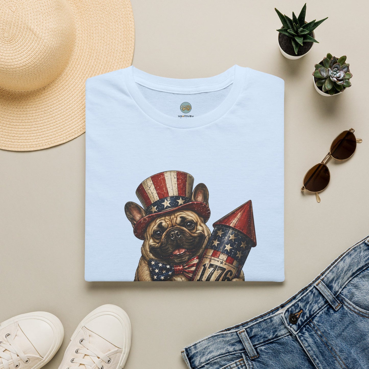 USA United States of Awesome 4th of July T-Shirt | Frenchie with 1776 Firework | Gildan Softstyle 64000