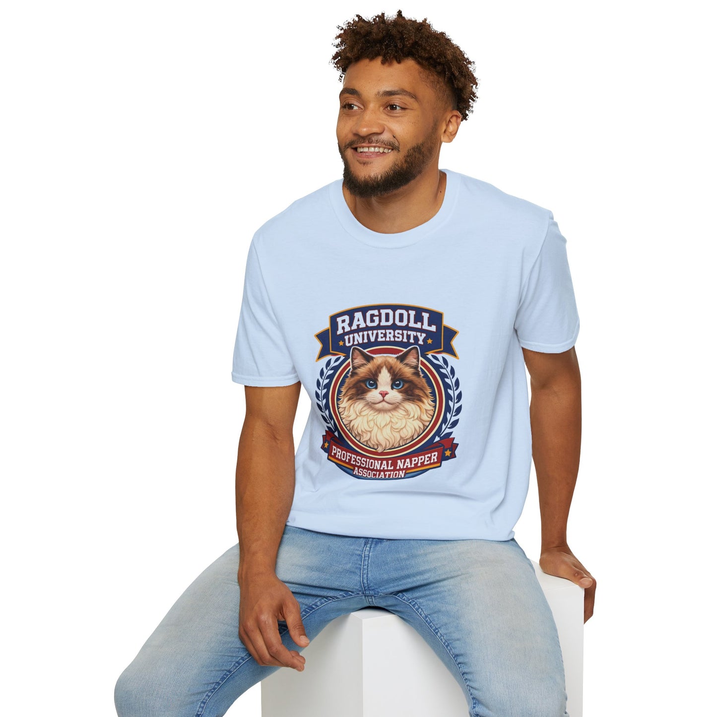 Ragdoll University T-Shirt | Vintage College Crest Style | Gildan Softstyle 64000 Premium Tee for Cat Moms and Dads