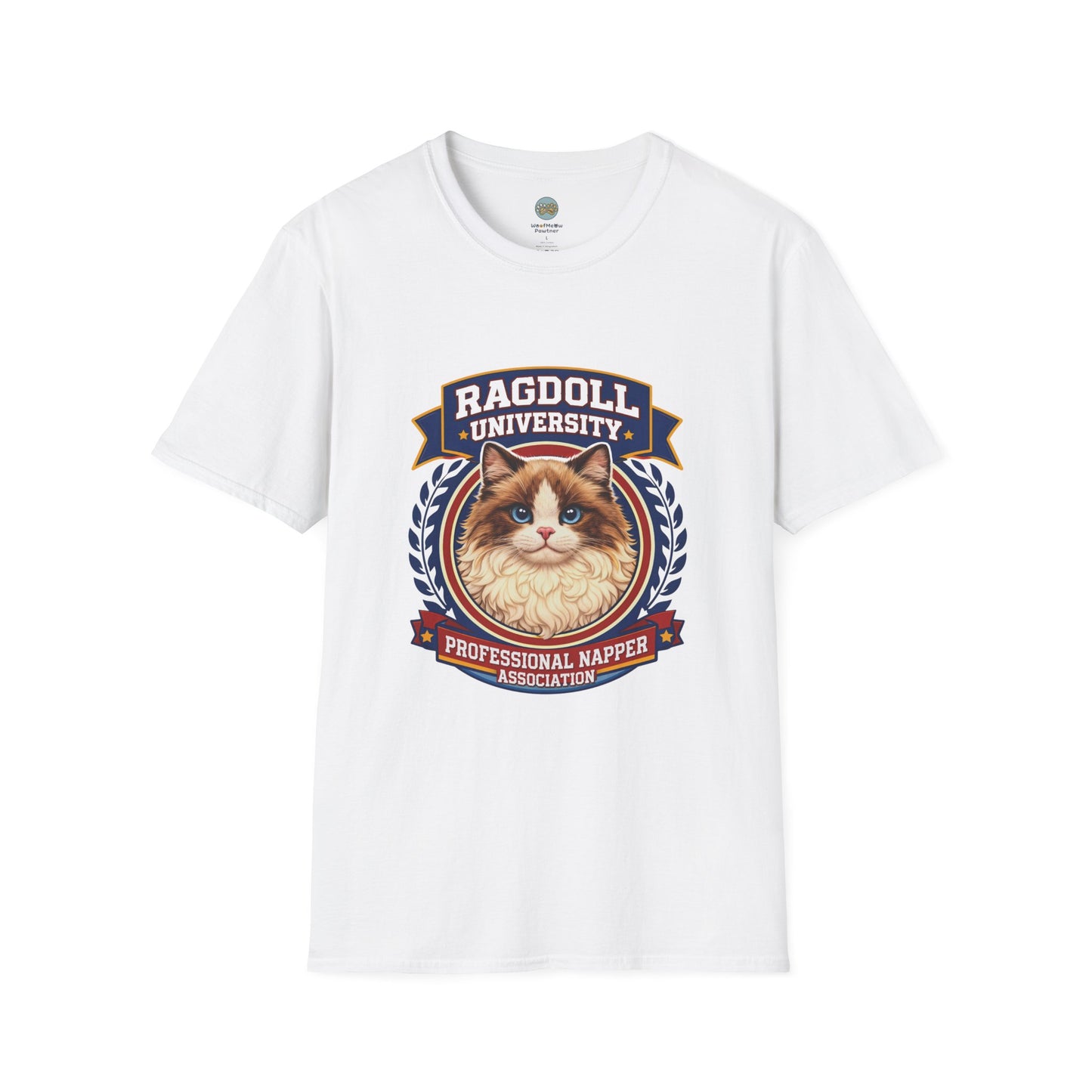 Ragdoll University T-Shirt | Vintage College Crest Style | Gildan Softstyle 64000 Premium Tee for Cat Moms and Dads