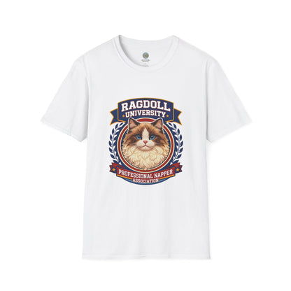 Ragdoll University T-Shirt | Vintage College Crest Style | Gildan Softstyle 64000 Premium Tee for Cat Moms and Dads