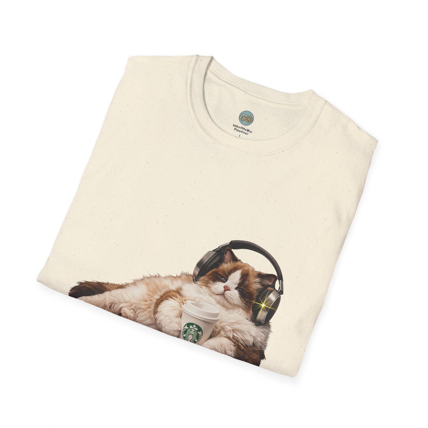 Cat Coffee Review T-Shirt — Relaxed Cat with Headphones & 5-Star Latte Tee | Gildan Softstyle 64000 Premium Tee