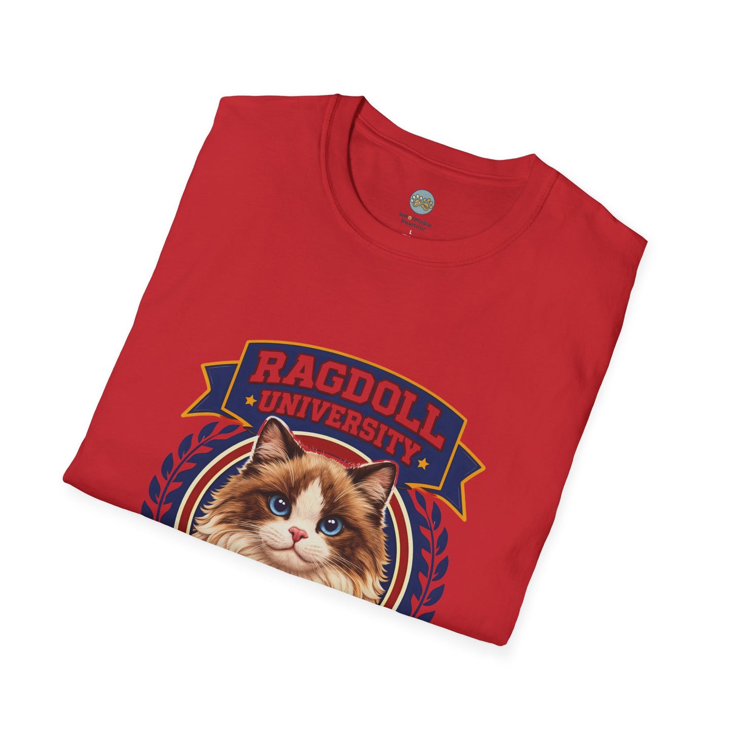 Ragdoll University T-Shirt | Vintage College Crest Style | Gildan Softstyle 64000 Premium Tee for Cat Moms and Dads