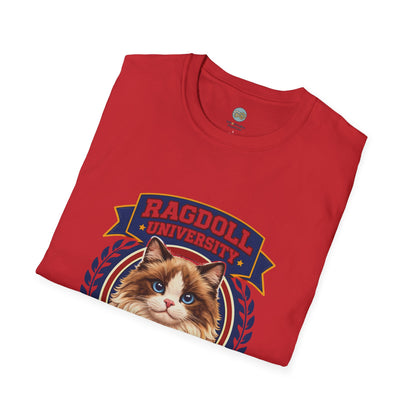 Ragdoll University T-Shirt | Vintage College Crest Style | Gildan Softstyle 64000 Premium Tee for Cat Moms and Dads