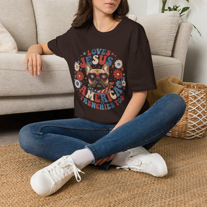Loves Jesus America and Frenchie Too T-Shirt | French Bulldog Dog Mom Design | Gildan Softstyle 64000