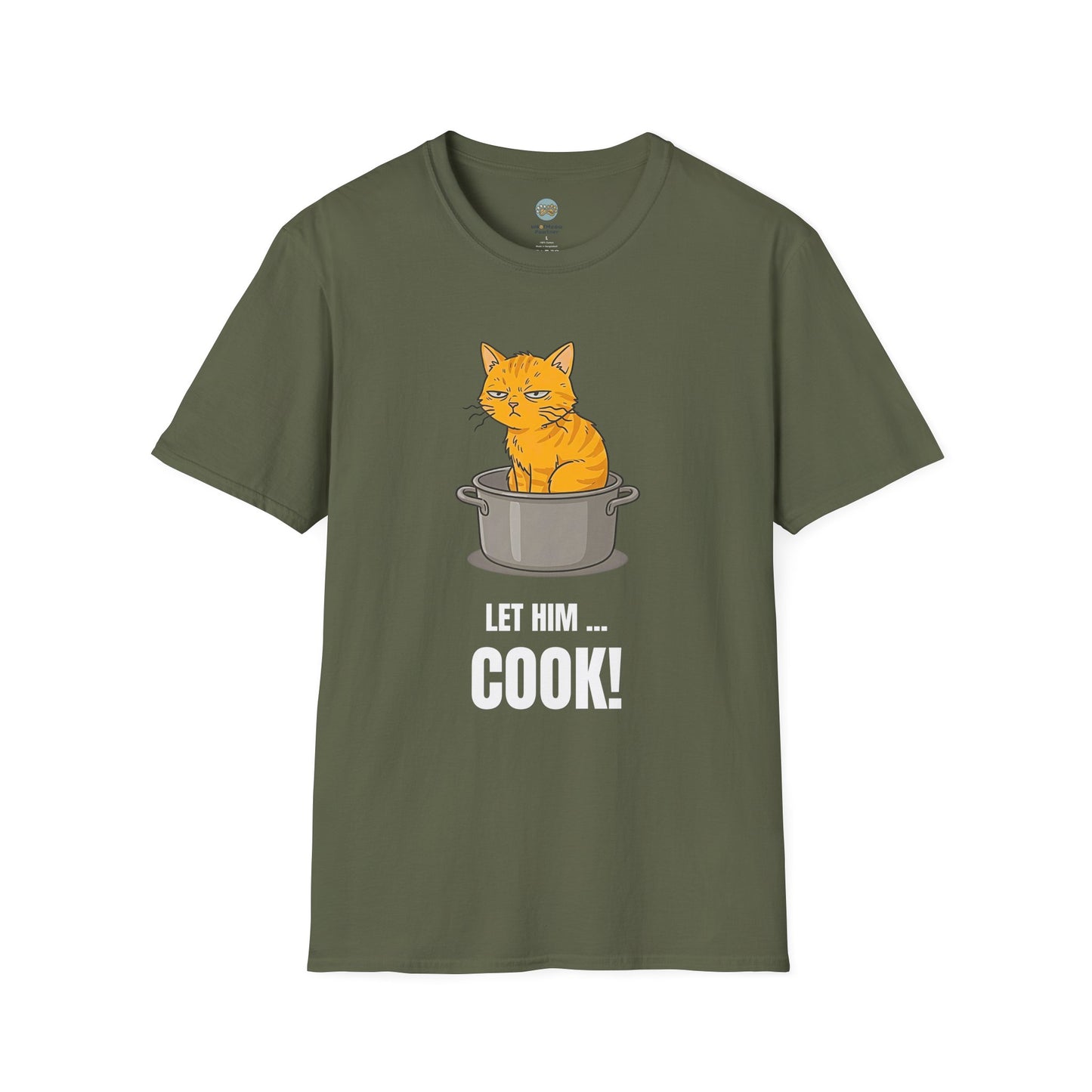 Let Him Cook Orange Cat T-Shirt | Funny Cat Sitting in Pot Meme Tee | Gildan Softstyle 64000