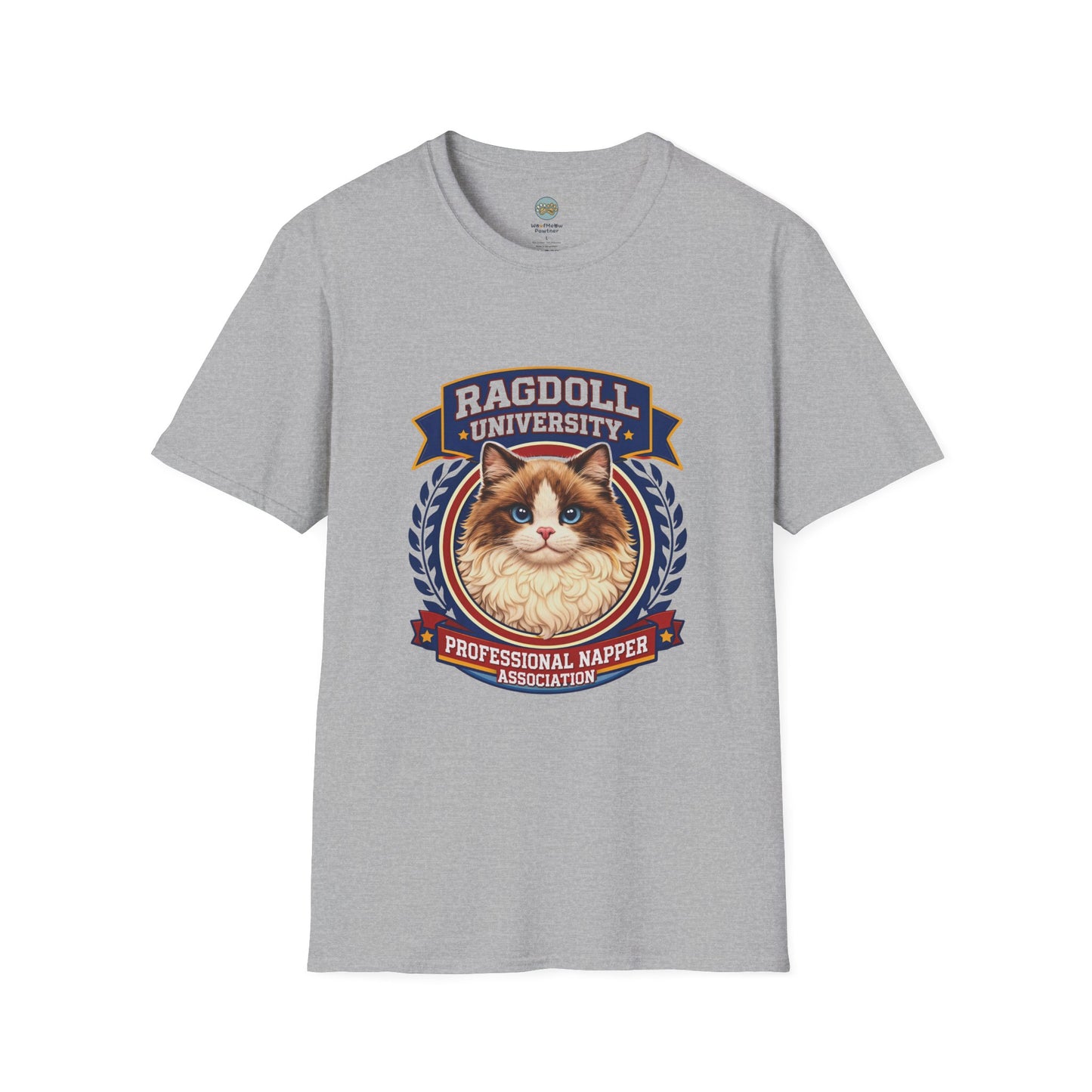 Ragdoll University T-Shirt | Vintage College Crest Style | Gildan Softstyle 64000 Premium Tee for Cat Moms and Dads