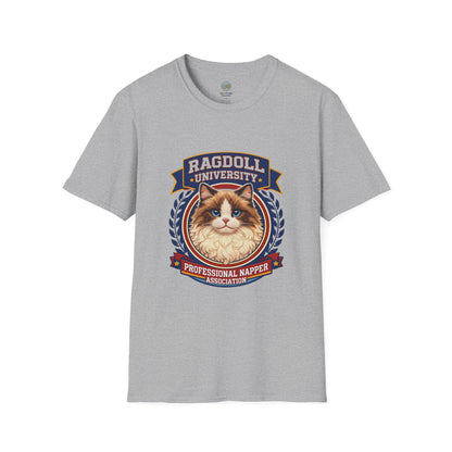 Ragdoll University T-Shirt | Vintage College Crest Style | Gildan Softstyle 64000 Premium Tee for Cat Moms and Dads