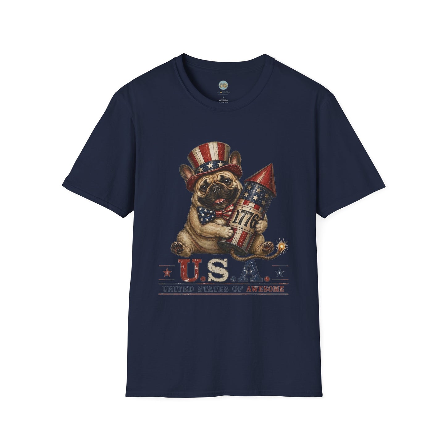 USA United States of Awesome 4th of July T-Shirt | Frenchie with 1776 Firework | Gildan Softstyle 64000