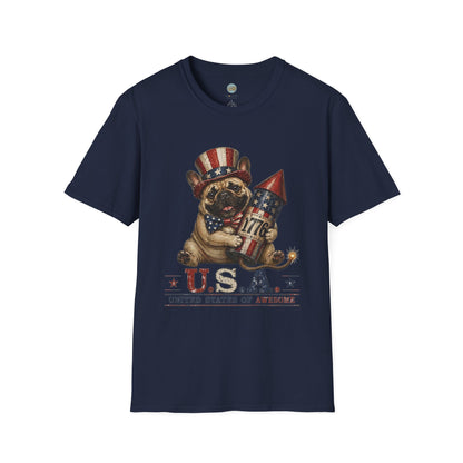 USA United States of Awesome 4th of July T-Shirt | Frenchie with 1776 Firework | Gildan Softstyle 64000