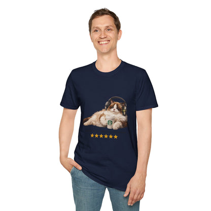 Cat Coffee Review T-Shirt — Relaxed Cat with Headphones & 5-Star Latte Tee | Gildan Softstyle 64000 Premium Tee