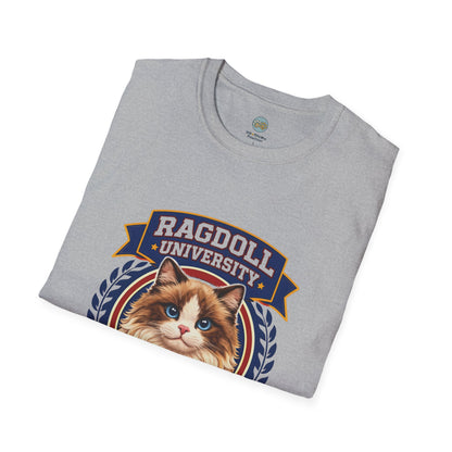 Ragdoll University T-Shirt | Vintage College Crest Style | Gildan Softstyle 64000 Premium Tee for Cat Moms and Dads