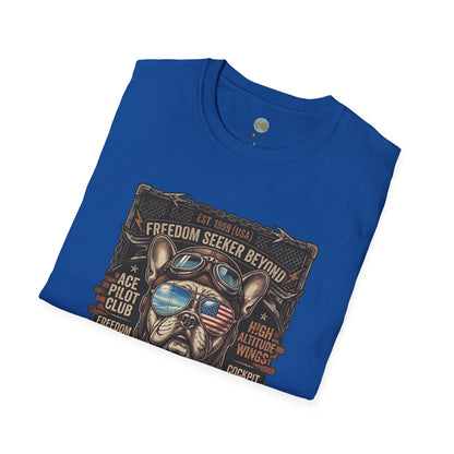 Vintage Aviator Frenchie T-Shirt | Freedom French Bulldog Pilot with Goggles | Gildan Softstyle 64000 Premium Tee