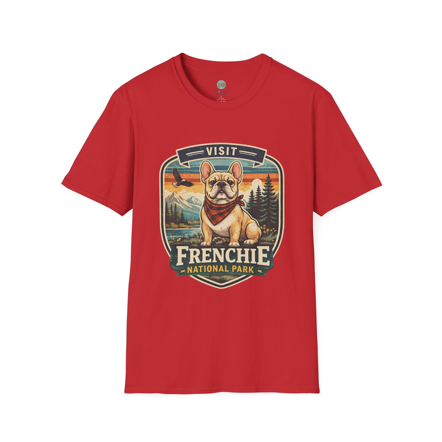 French Bulldog National Park T-Shirt | Vintage Badge Design with Mountains and Sunset for Dog Lovers | Gildan Softstyle 64000 Premium Tee