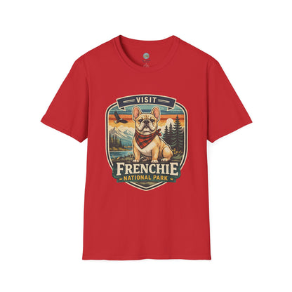 French Bulldog National Park T-Shirt | Vintage Badge Design with Mountains and Sunset for Dog Lovers | Gildan Softstyle 64000 Premium Tee
