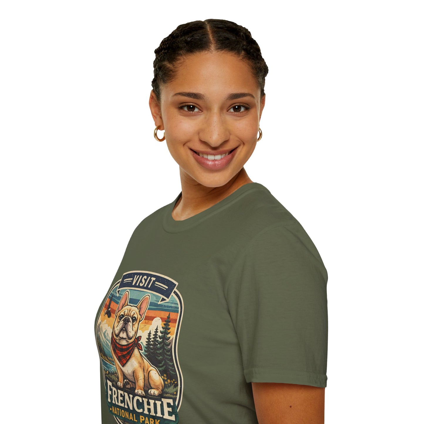 French Bulldog National Park T-Shirt | Vintage Badge Design with Mountains and Sunset for Dog Lovers | Gildan Softstyle 64000 Premium Tee