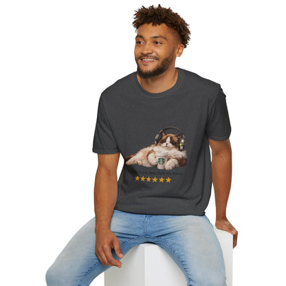 Cat Coffee Review T-Shirt — Relaxed Cat with Headphones & 5-Star Latte Tee | Gildan Softstyle 64000 Premium Tee